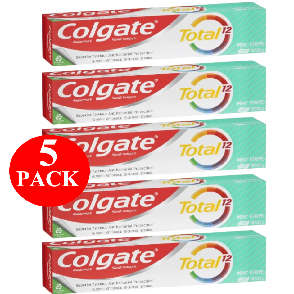 5 x Colgate Antibacterial Toothpaste Total Mint Stripe Gel 200g