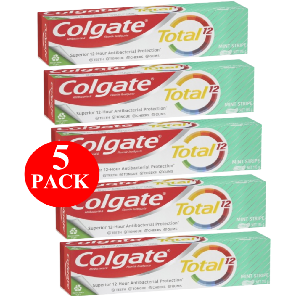 5 x Colgate Antibacterial Toothpaste Total Mint Stripe Gel 115g