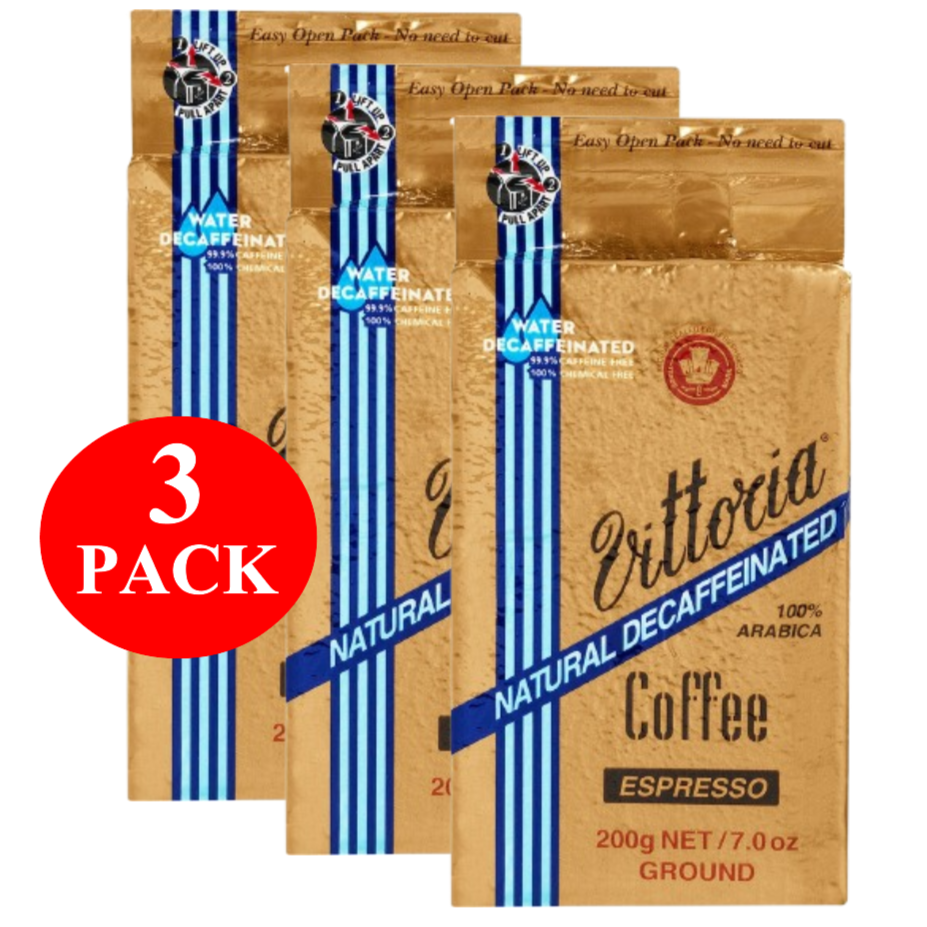 3 x Vittoria Decaffeinated Ground Coffee Espresso 200g