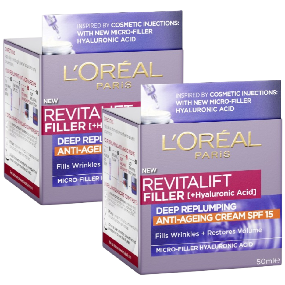 2 x L'oreal Paris Revitalift Filler Anti Ageing Spf15 Cream 50ml