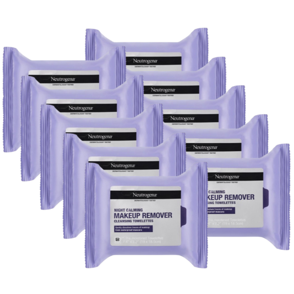 10 x Neutrogena Night Calming Makeup Remover Cleansing Towelettes Wipes 25 Pack