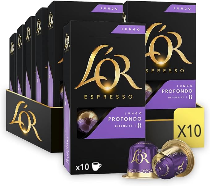 L'OR Espresso Coffee Lungo Profondo - Intensity 8 - 100 Aluminium Capsules Compatible with Nespresso Machines (10x10 Pods Pack)