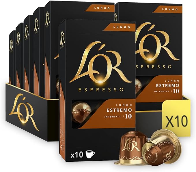 L'OR Espresso Coffee Lungo Estremo - Intensity 10 - 100 Aluminium Capsules Compatible with Nespresso Machines (10x10 Pods Pack)