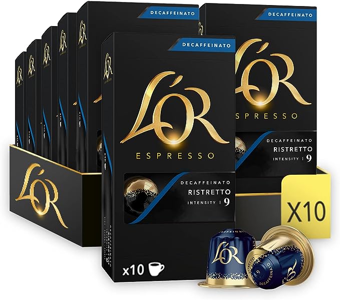 L'OR Espresso Coffee Ristretto Decaffeinato - Intensity 9 - 100 Aluminium Capsules Compatible with Nespresso Machines (10x10 Pods Pack)