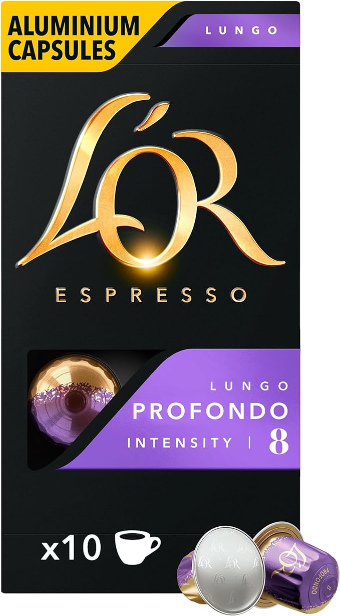 L'OR Espresso Coffee Lungo Profondo - Intensity 8 - 100 Aluminium Capsules Compatible with Nespresso Machines (10x10 Pods Pack)