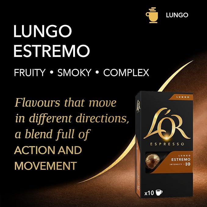 L'OR Espresso Coffee Lungo Estremo - Intensity 10 - 100 Aluminium Capsules Compatible with Nespresso Machines (10x10 Pods Pack)