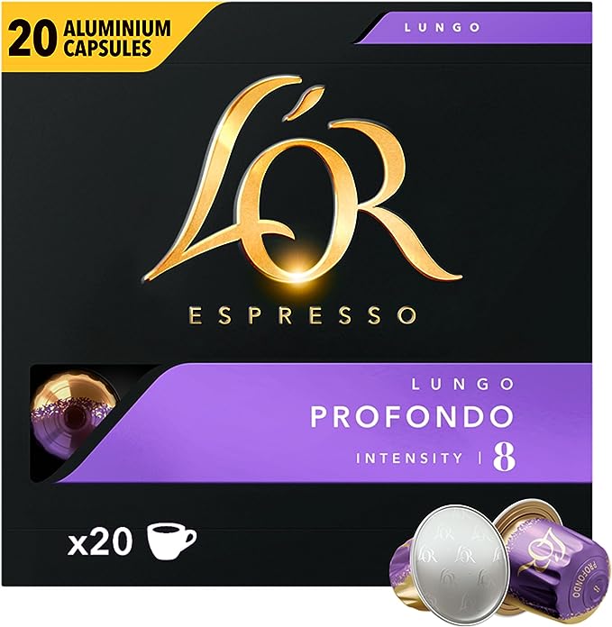 L'OR Espresso Coffee Lungo Profondo - Intensity 8 - 200 Aluminium Capsules Compatible with Nespresso Machines (10x20 Pods Pack)