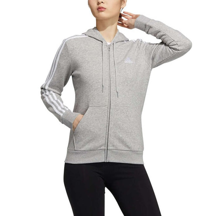 Adidas Women's Essentials Fleece 3-Stripes Full-Zip Hoodie - Medium Grey Heather/White