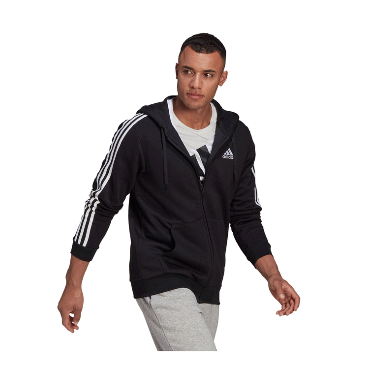 adidas Mens 3 Stripes Full Zip Hoodie - Black