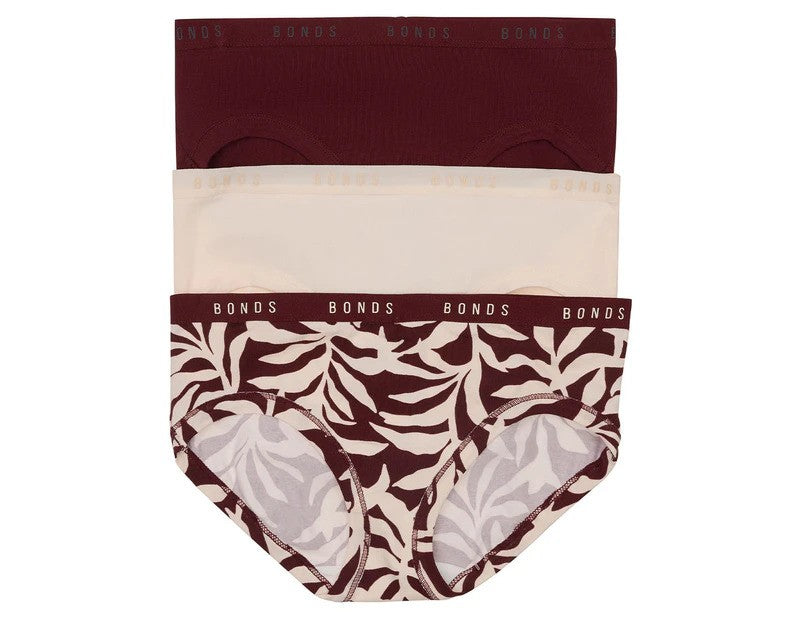 Bonds Women's Cottontails Midi Briefs 3-Pack - Bordeaux/Print/Base Blush