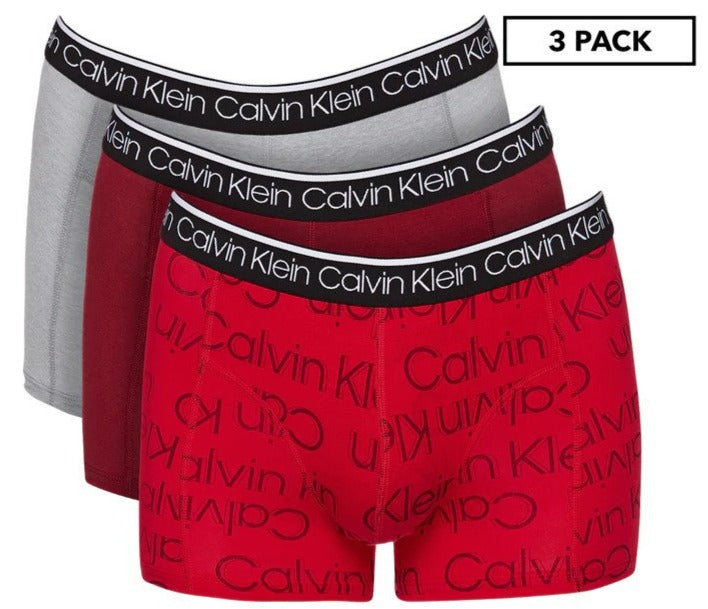 Calvin Klein Men's Cotton Stretch Trunks 3-Pack - Wolf Grey Heather/Outline Large Print/Red Carpet