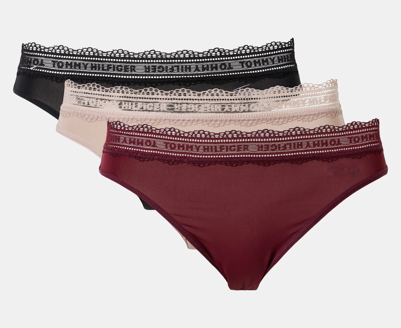 Tommy Hilfiger Women's Microfibre Logo Lace Trim Bikini Briefs 3-Pack - Wine/Beige/Black