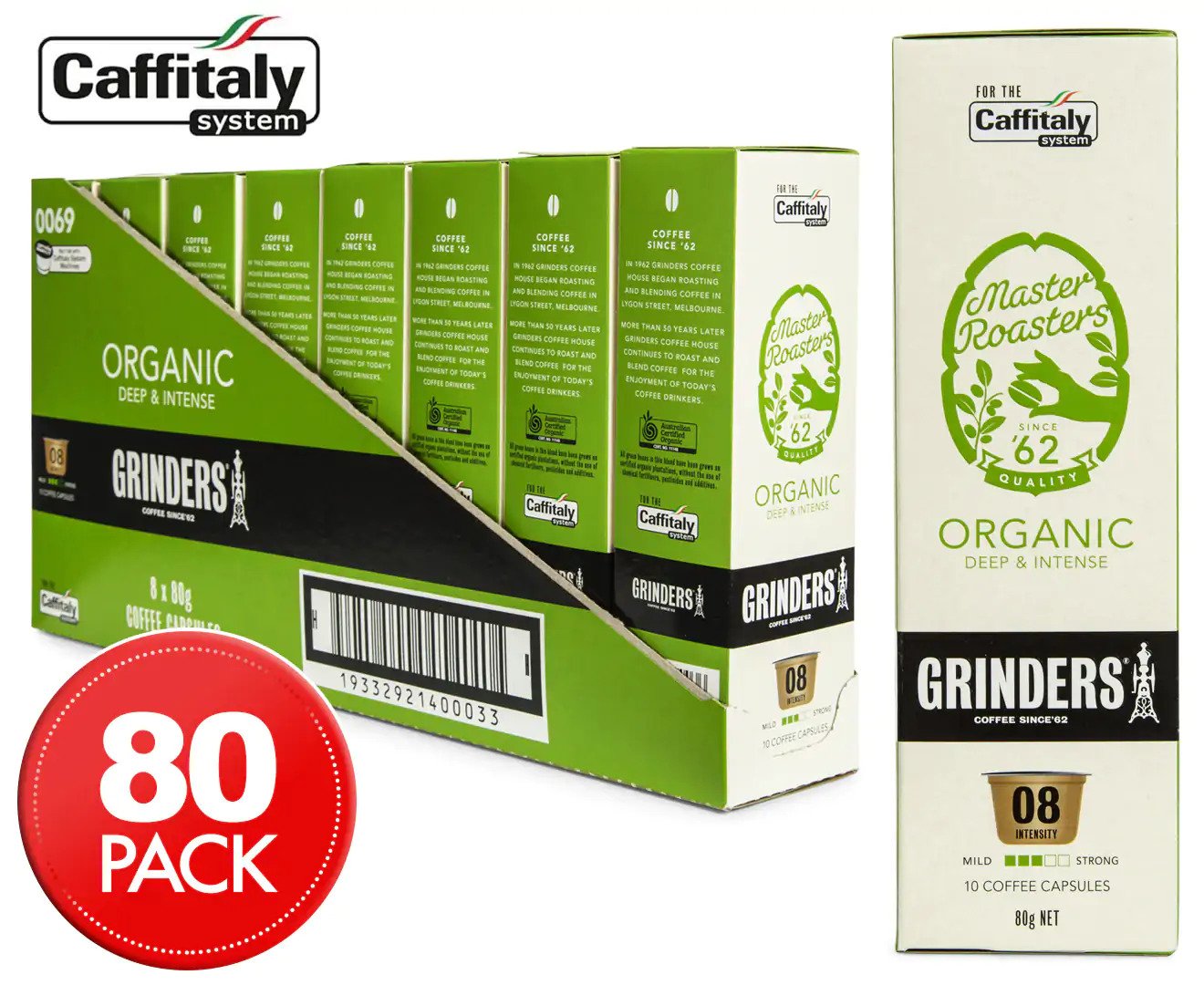 8 x Grinders Master Roasters Organic Coffee Capsules 10pk