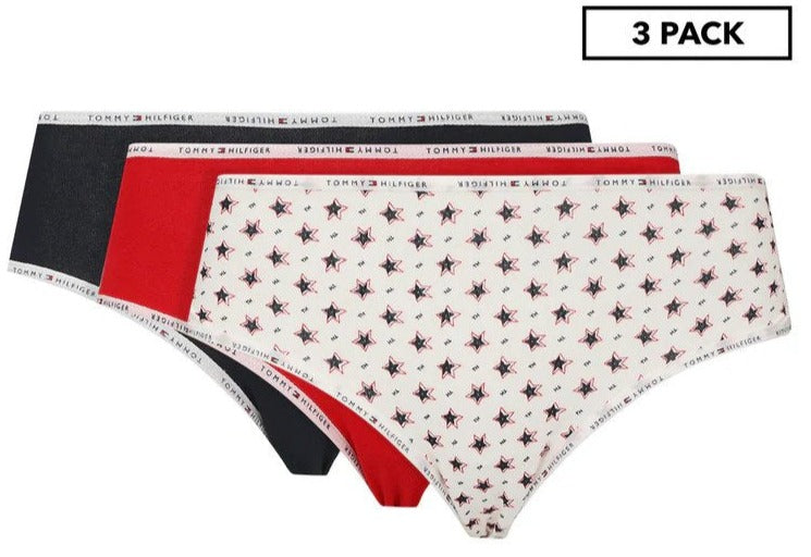 Tommy Hilfiger Women's Logo Elastic Hipster Briefs 3-Pack - Stars & Dots/White/Red/Blue