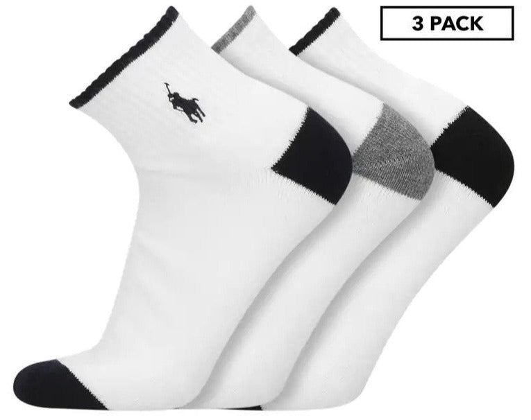 Polo Ralph Lauren Mens Size 10-13 Cotton Sport 1/4 Socks 3-Pack - White Assorted