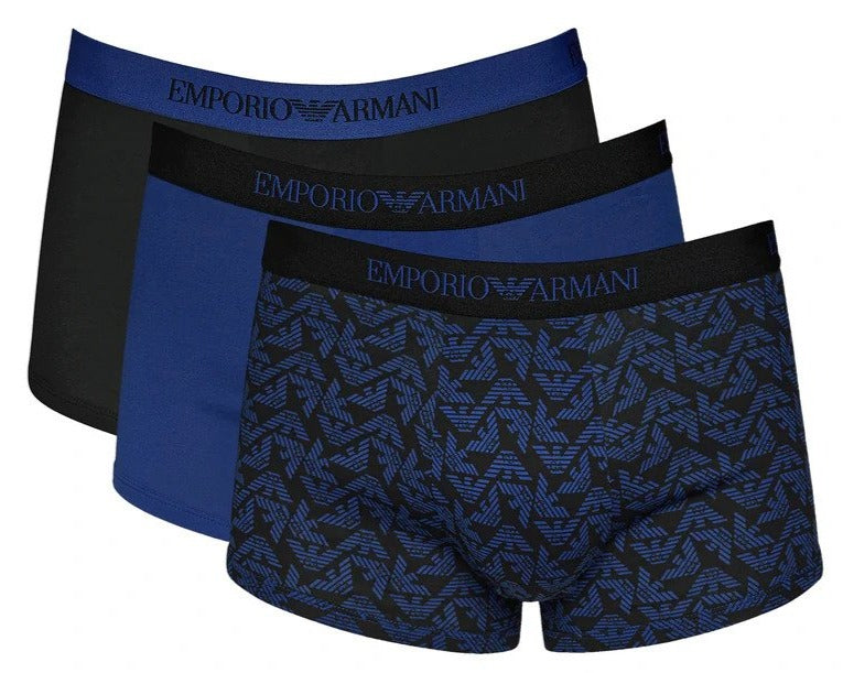 Emporio Armani Men's Cotton Trunks 3-Pack - Black/Mazarine Blue/Printed Black