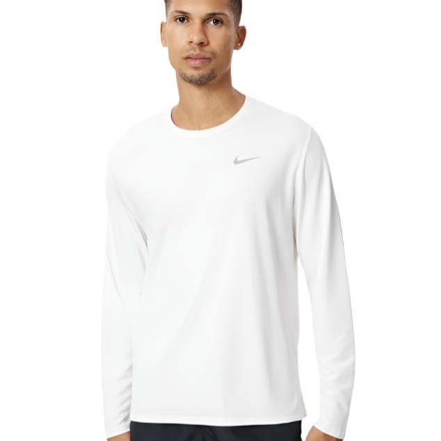 Nike Mens Miler Dri-FIT UV Long Sleeve Running Top Tee - White/Reflective Silver