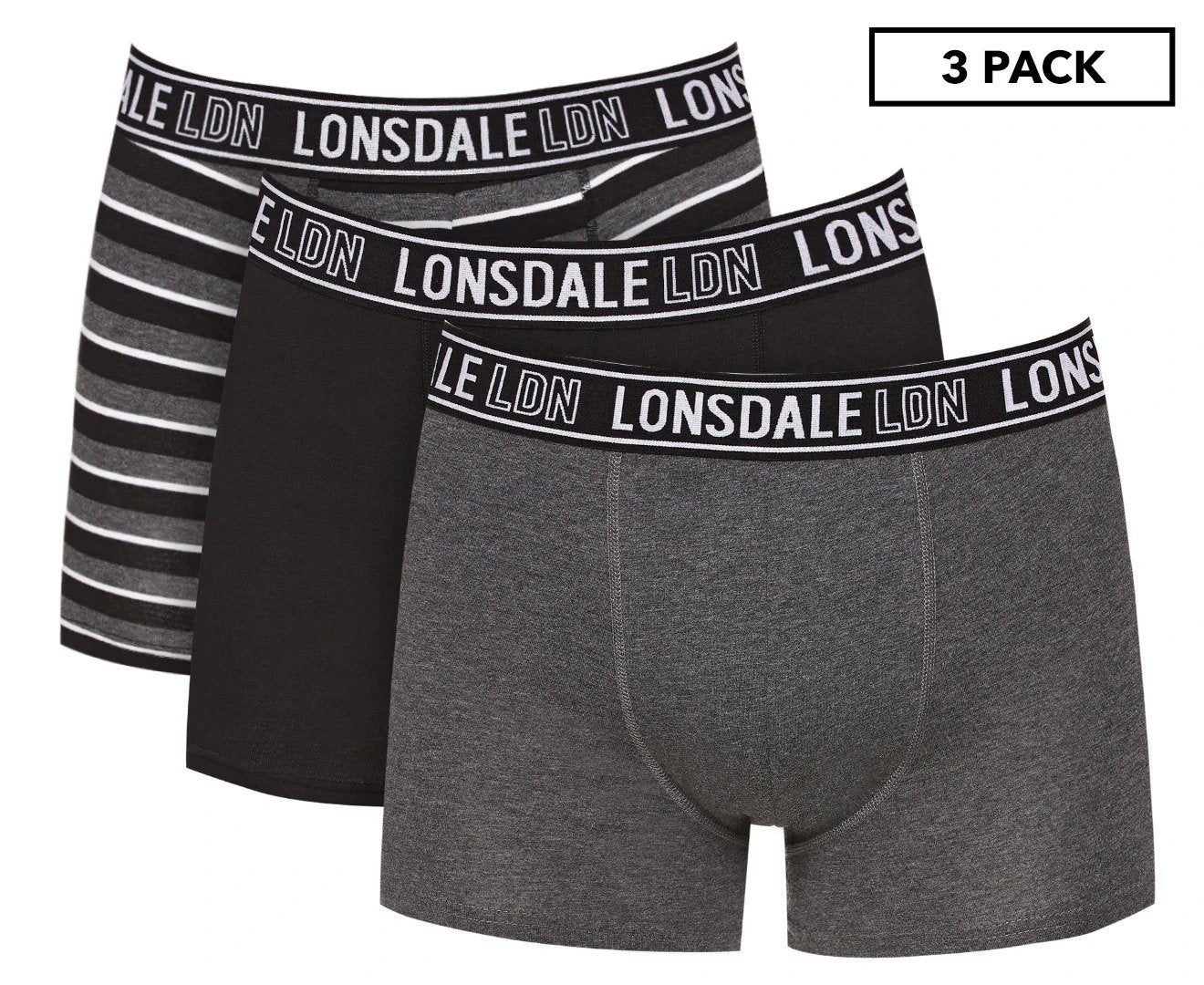 Lonsdale Men's Cotton Short Leg Trunks 3-Pack - Black/Charcoal/Grey