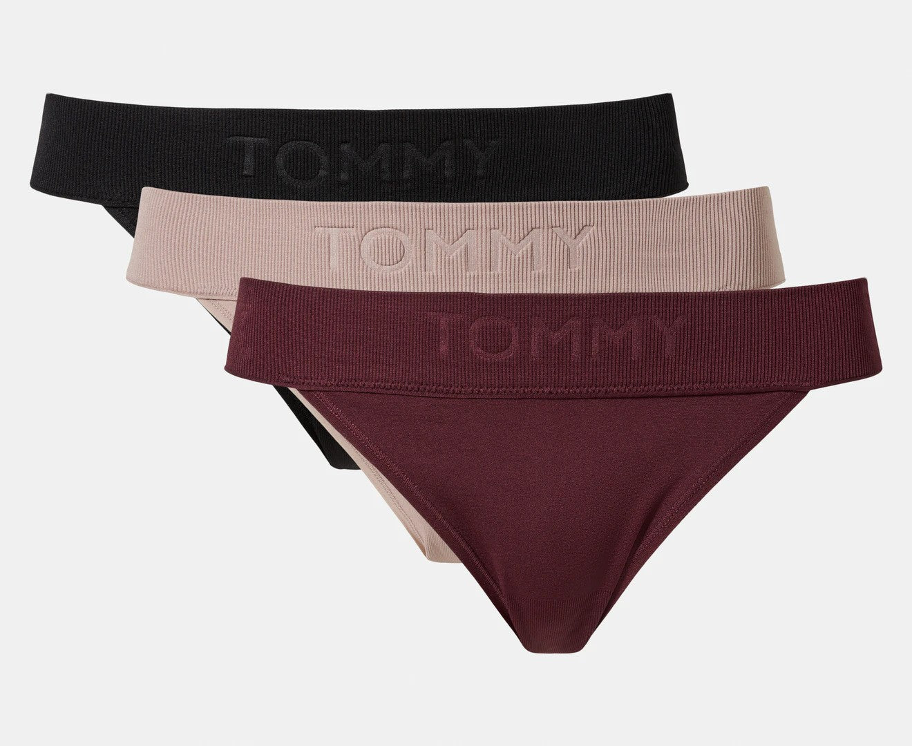 Tommy Hilfiger Women's Seamless String Bikini Briefs w/ Debossed Logo 3-Pack - Wine/Beige/Black