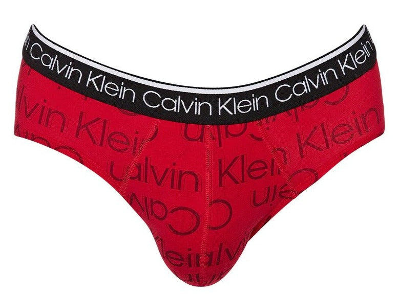 Calvin Klein Mens Cotton Stretch Hip Briefs 3-Pack - Wolf Grey Heather/Outline Large Print/Red Carpet