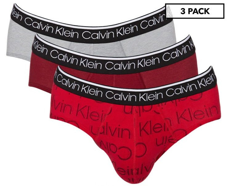 Calvin Klein Mens Cotton Stretch Hip Briefs 3-Pack - Wolf Grey Heather/Outline Large Print/Red Carpet