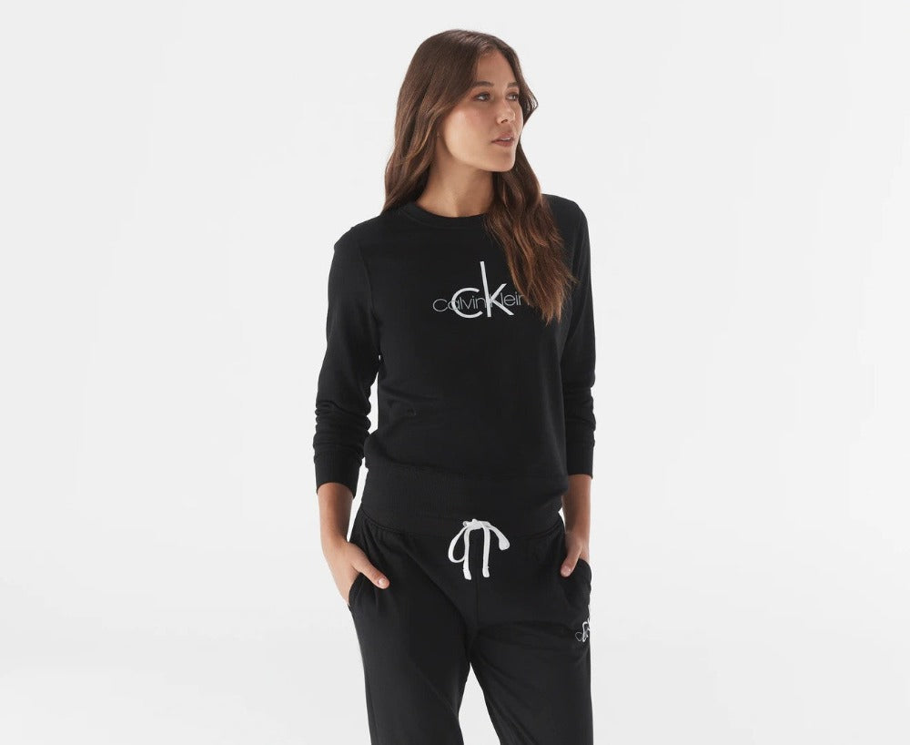 Calvin Klein Womens Logo Lounge Refresh Long Sleeve Crewneck Sweatshirt - Black