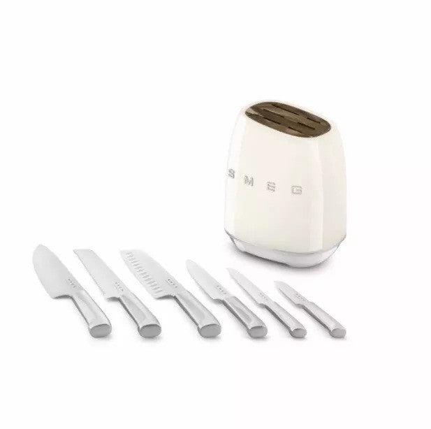 SMEG 7 Piece Stainless Steel Knife Block Set - Cream