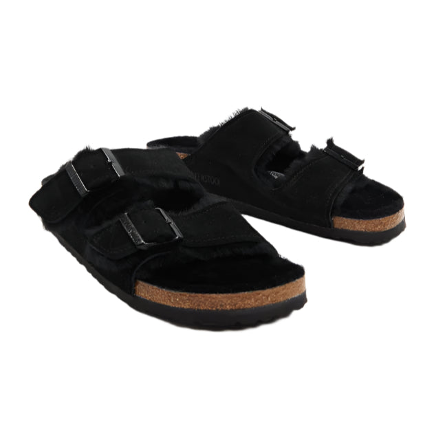 Birkenstock Unisex Narrow Fit Arizona Shearling Suede Leather Sandals - Black