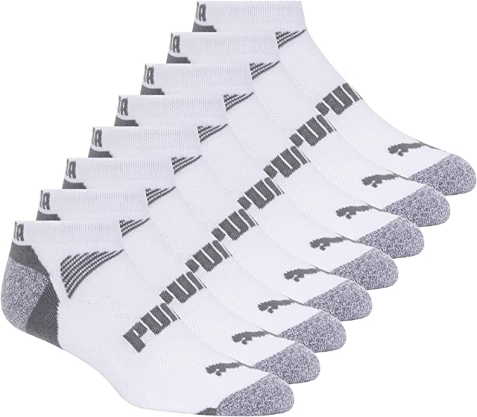 Puma Men's Low Cut 8 Pack Sport Socks, Moisture Control, Arch Support Men's Shoe Size 12-16 - White/Steel Grey